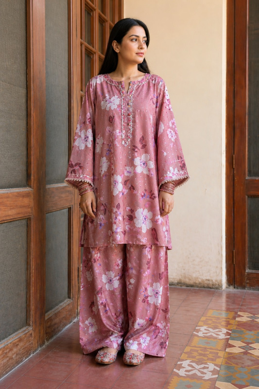 Printed & Mukesh Kari Work Dusty Pink Floral Suit